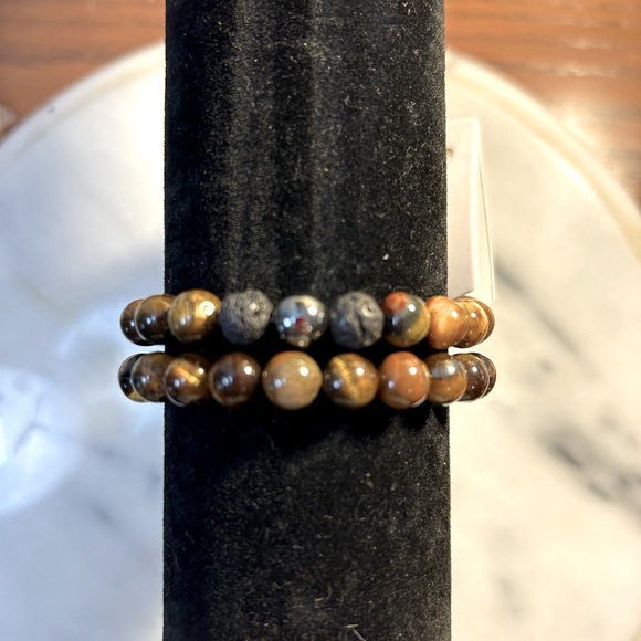 Volcanic Lava Stone, Hermatite, and Tigers Eye Stone Stacking Bracelets - Picture 1 of 3